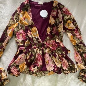 Women’s Floral V-Neck Peplum Top Front Button